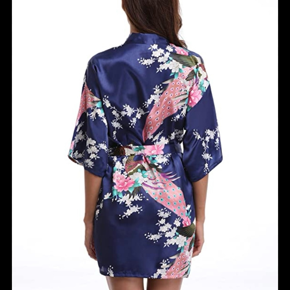 Dynasty Short Robe Blue With Peacocks & Cherry Blossoms Womens Size XL